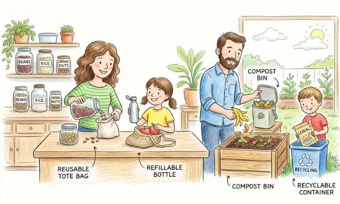 Zero waste lifestyle illustration showing reusable products recycling composting and sustainable living practices