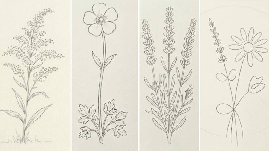 simple wildflower drawing ideas with easy pencil sketches of various wildflowers for beginners