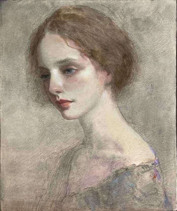 Cosmic Melody by Joseph A. Miller, a mixed media artwork of a young girl playing a flute with graphite drawing, acrylic tones, and a gold leaf circular background