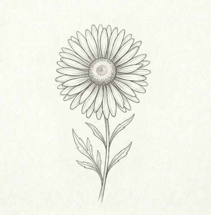 Simple aster flower sketch with layered narrow petals around a round center in an easy pencil drawing style