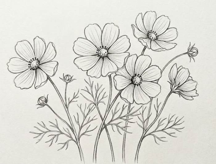 Easy cosmos wildflower sketch drawing showing a simple hand-drawn outline of cosmos flowers in a minimal botanical style