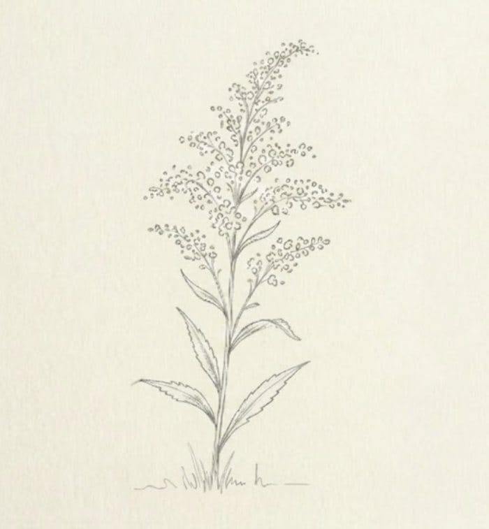 Easy goldenrod wildflower drawing in simple pencil sketch style showing tall stem with clustered small flowers