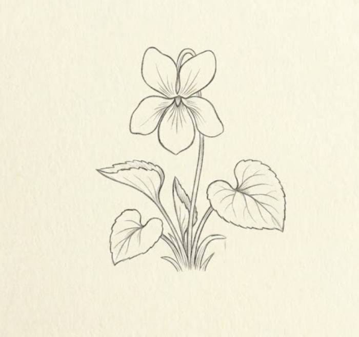 Easy Wild Violet Sketch – a simple pencil drawing of small, delicate violet flowers with soft natural detail.