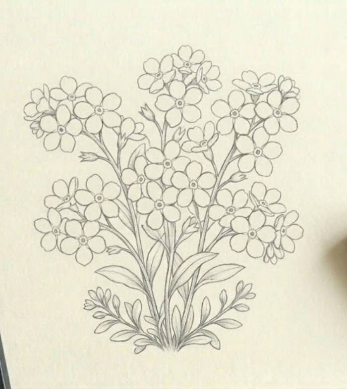 Easy Forget-Me-Not Drawing – a simple pencil sketch of delicate tiny wildflowers symbolizing love and remembrance