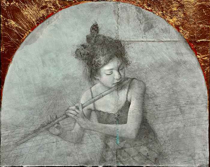 Cosmic Melody by Joseph A. Miller, a mixed media artwork of a young girl playing a flute with graphite drawing, acrylic tones, and a gold leaf circular background