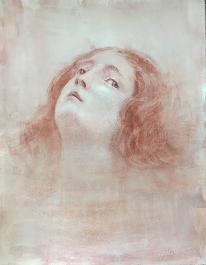 Girl in Rising Water by Joseph A. Miller, a soft pastel portrait of a young woman emerging from water with an upward gaze and warm muted tones