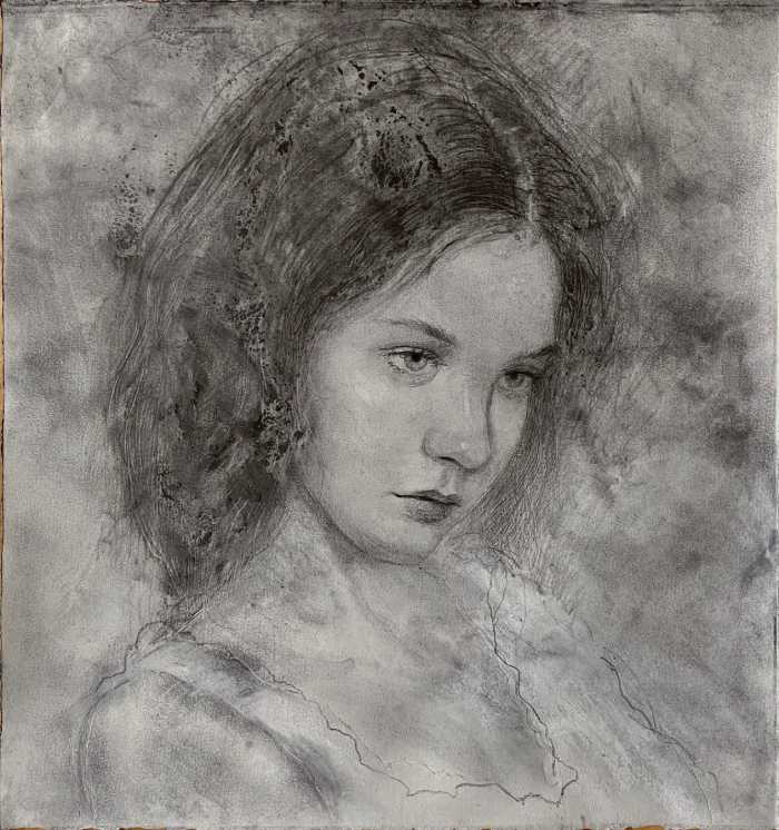 Reverie by Joseph A. Miller, a soft liquid graphite portrait of a young woman with a contemplative expression and atmospheric shading
