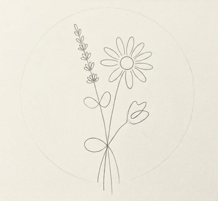 Minimalist wildflower line drawing in easy simple style showing clean single-line floral sketch with delicate stems and small blossoms