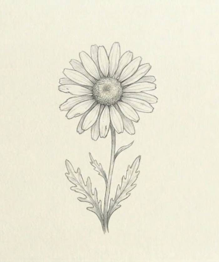 Easy oxeye daisy sketch drawing in simple pencil line art style showing a single daisy flower with round petals and stem