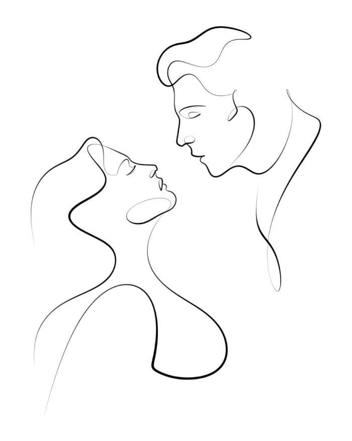 Rajni Chunara one line couple portrait artwork showing two human figures created with a minimalist continuous line drawing technique