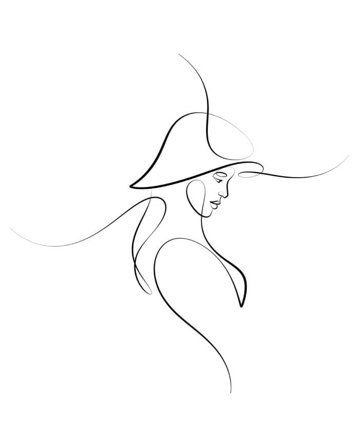 Rajni Chunara one line woman with hat artwork created using a minimalist continuous line drawing technique