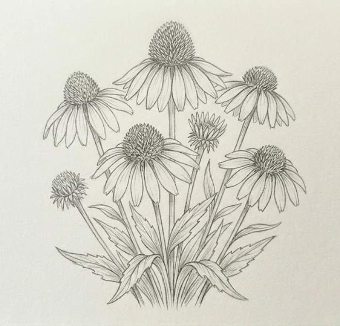 A simple coneflower pencil sketch that is easy for beginners to draw and a great choice for practicing wildflower drawing ideas and floral art