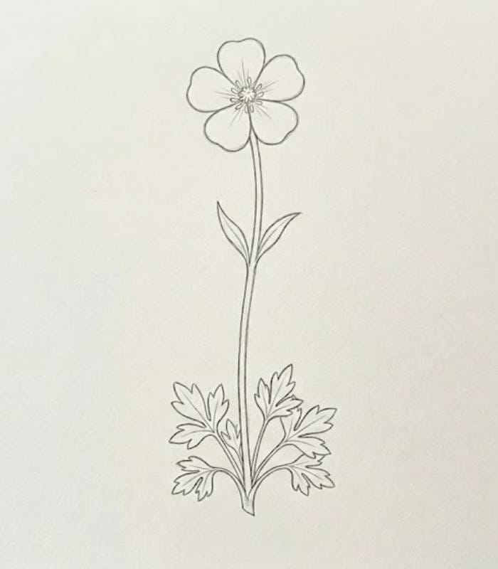 A simple buttercup pencil sketch that is easy for beginners to draw and a great addition to any wildflower drawing collection
