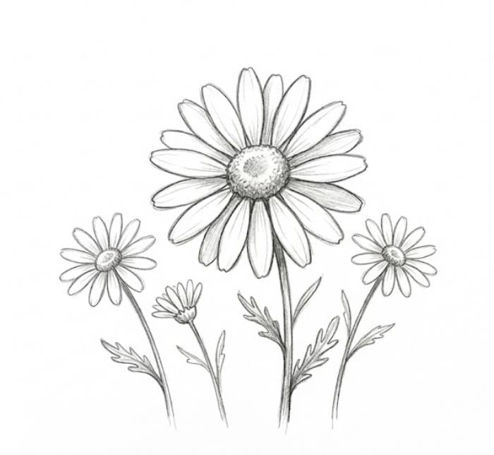 A classic daisy flower pencil sketch, perfect for beginners looking for simple wildflower drawing ideas