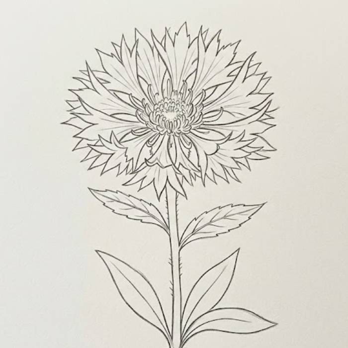 An easy cornflower pencil sketch that is perfect for beginners looking for simple wildflower drawing ideas and floral sketch inspiration