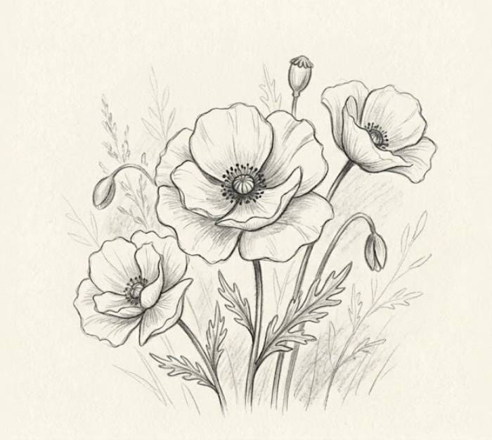 A simple poppy wildflower pencil sketch that is easy to draw and perfect for beginners exploring wildflower drawing ideas