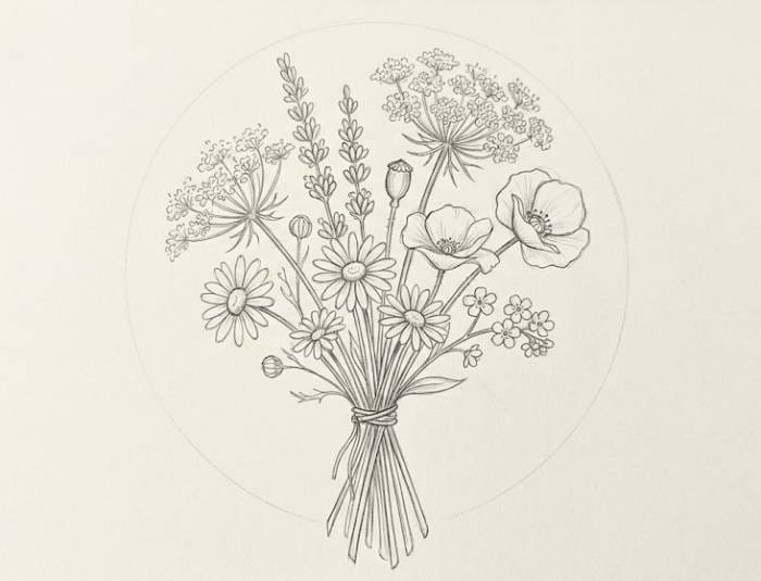 Small Wildflower Bouquet Drawing Ideas – a simple pencil sketch of a hand-tied bundle of mixed wildflowers with natural