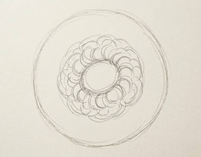 Pencil sketch of a peony flower showing layered inner petals drawn around a small center circle, inside a larger guide circle, demonstrating step three of the drawing tutorial.