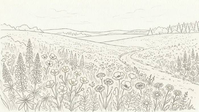 Wildflower field scene drawing in simple pencil sketch style showing a wide field filled with various wildflowers and soft natural landscape