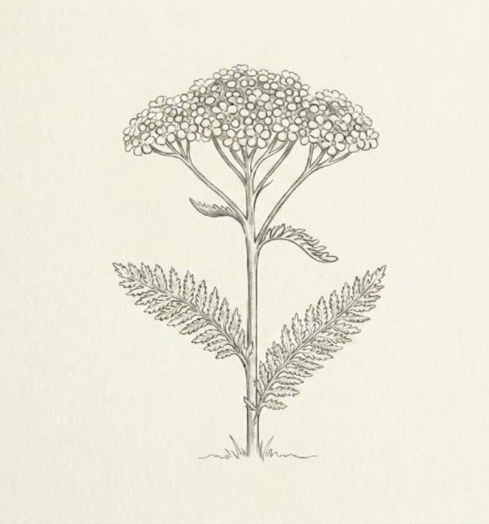 Yarrow Flower Drawing Ideas – simple pencil sketch of clustered wild yarrow blooms with delicate leaves and natural structure.