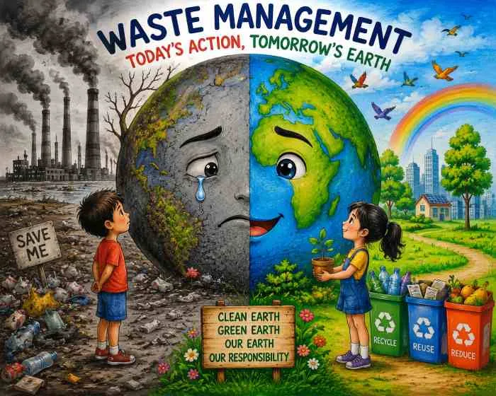 An emotional waste management poster showing Earth buried under a mountain of garbage with a small green plant symbolizing hope for a cleaner future