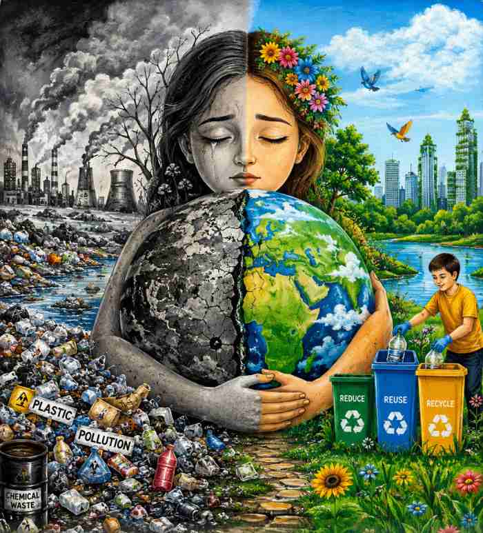 Emotional waste management poster showing a polluted world transforming into a green and healthy Earth, symbolizing hope, recycling, and environmental responsibility