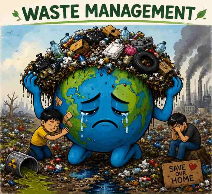 Waste management drawing showing a sad Earth carrying garbage and highlighting pollution, recycling, and environmental protection.