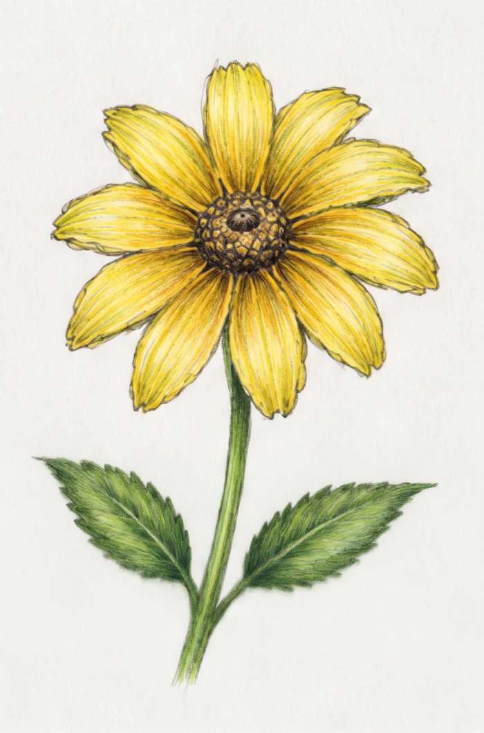 Realistic Black Eyed Susan flower drawing in colored pencil