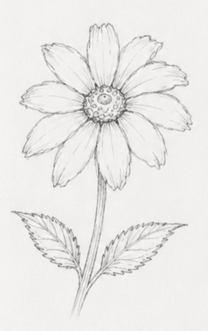 Pencil sketch adding surface texture to flower petals