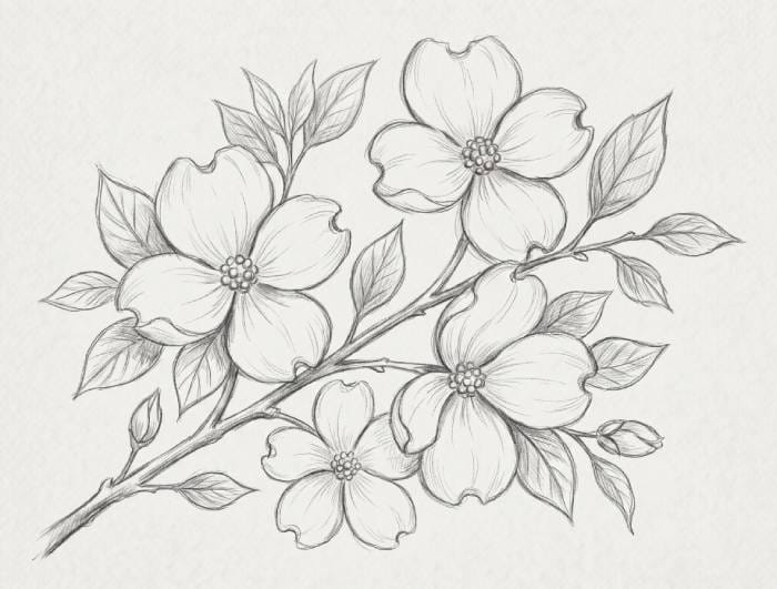Detailed dogwood branch line art drawing with multiple blooming flowers