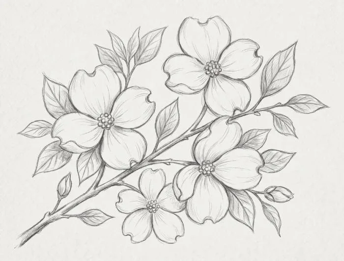 Detailed dogwood branch line art drawing with multiple blooming flowers