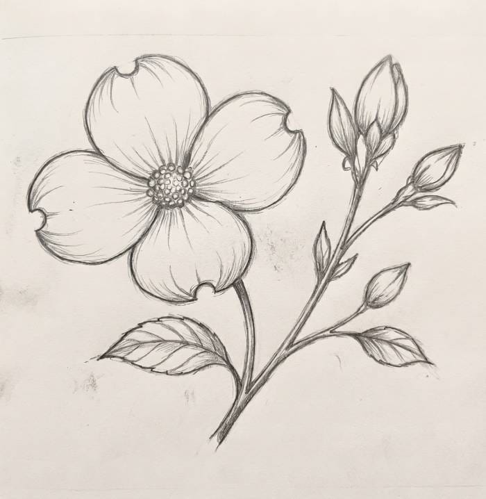 Dogwood flower sketch for a botanical note page design line art