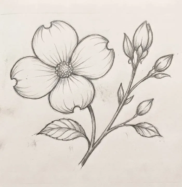 Dogwood flower sketch for a botanical note page design line art