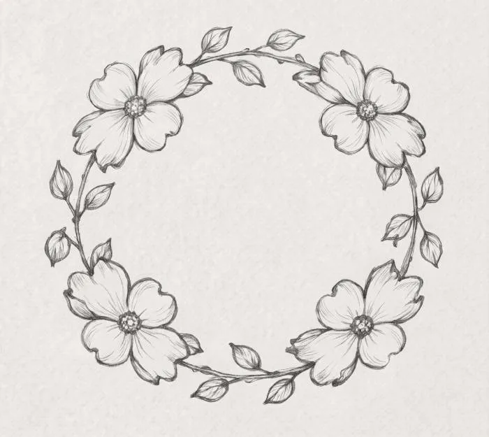 Minimalist circular dogwood flower wreath line art illustration
