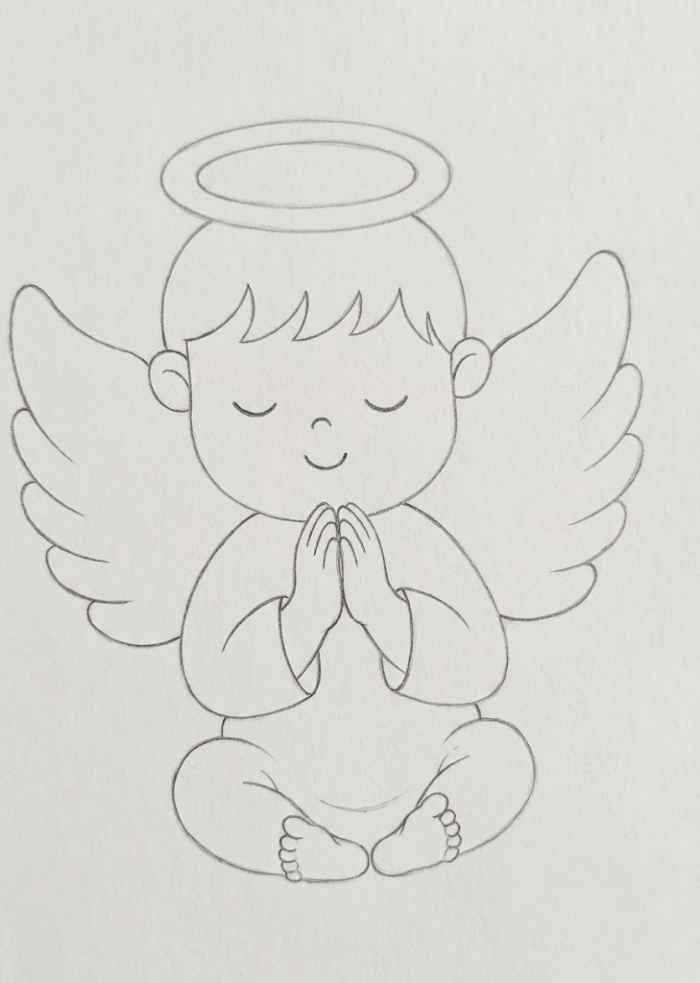 Cute baby angel praying with wings and halo simple line drawing illustration
