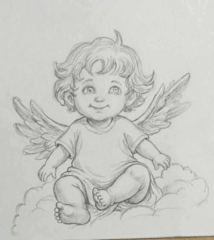 Cute baby angel sitting on clouds with wings pencil sketch drawing illustration