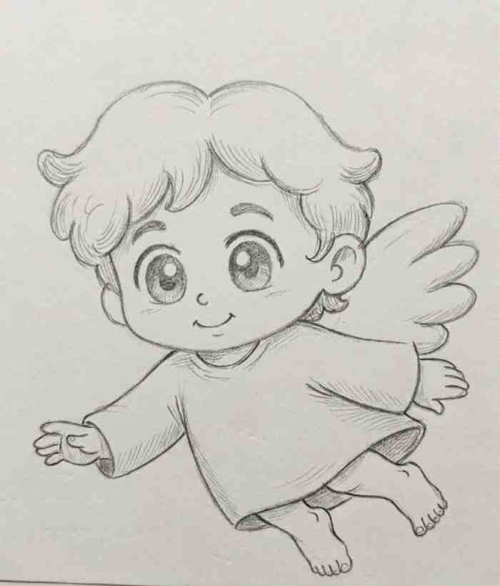 Cute flying baby angel drawing sketch with small wings and smiling face