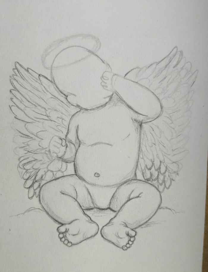 Cute newborn baby angel drawing sketch with wings and halo sitting pose