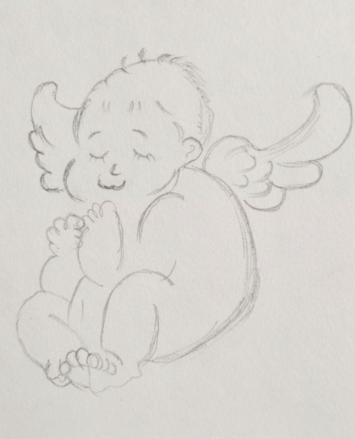 Cute praying baby angel drawing sketch with folded hands and little wings