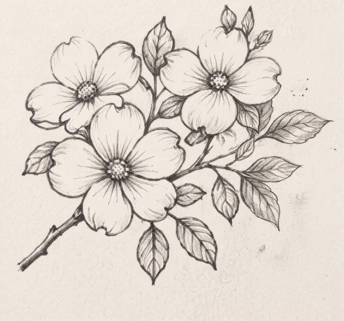 Detailed dogwood flower cluster line art illustration