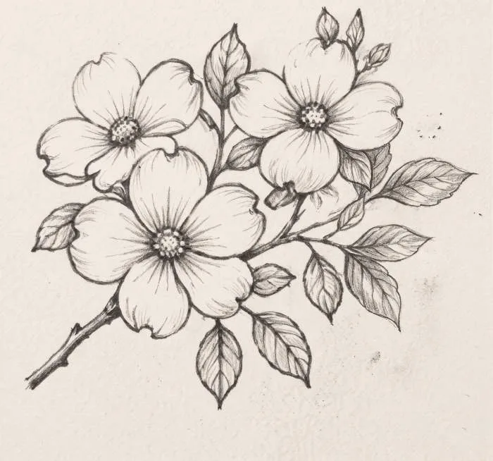 Detailed dogwood flower cluster line art illustration