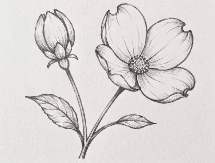 Dogwood flower bud and open bloom combination line drawing outline