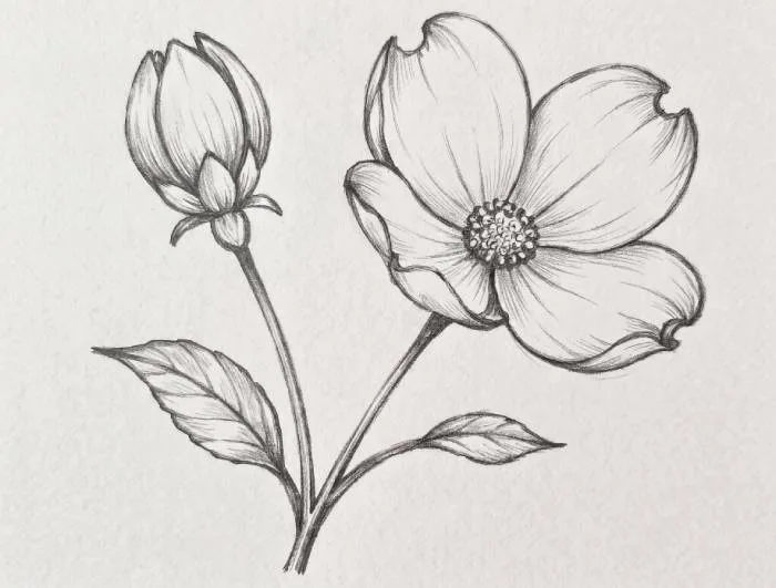 Dogwood flower bud and open bloom combination line drawing outline