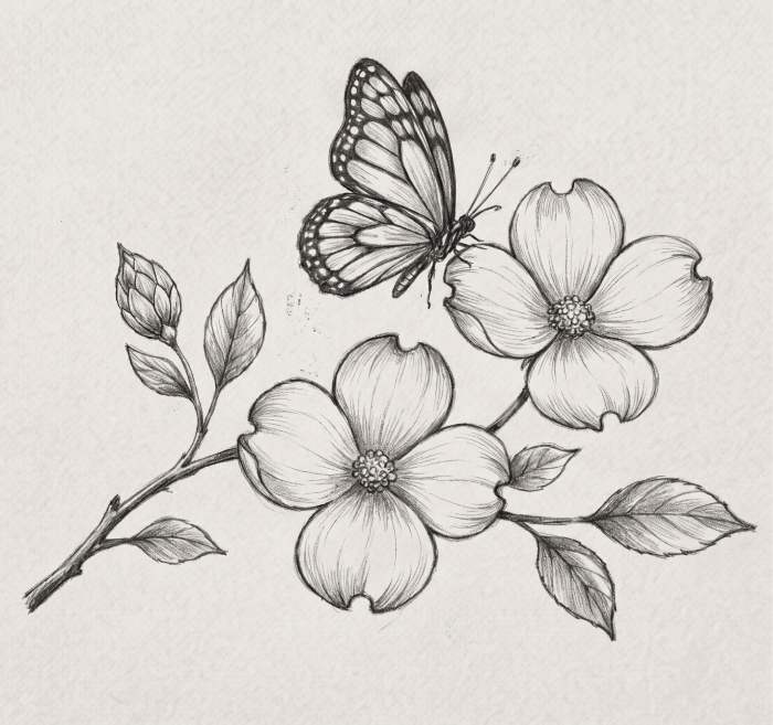 dogwood flower and butterfly composition line art drawing