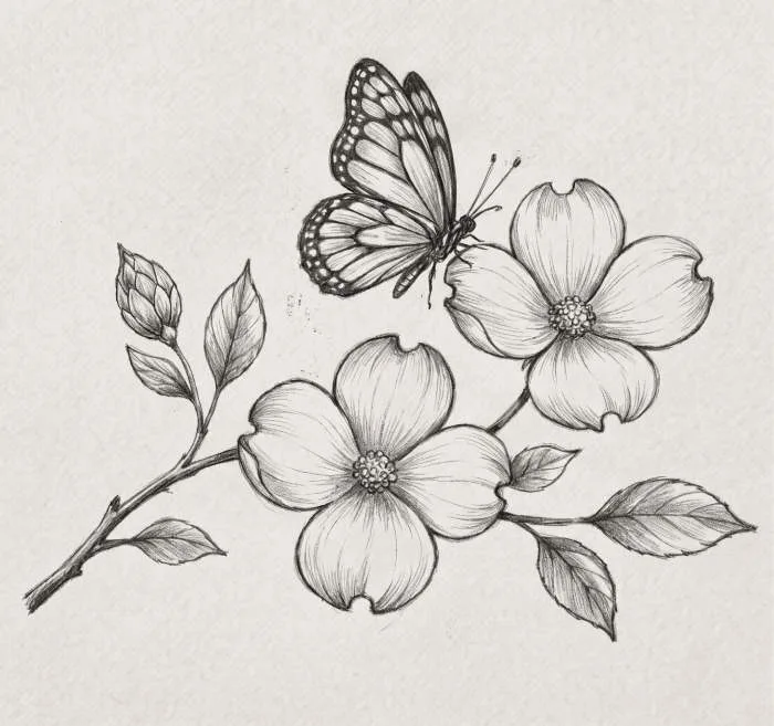 dogwood flower and butterfly composition line art drawing