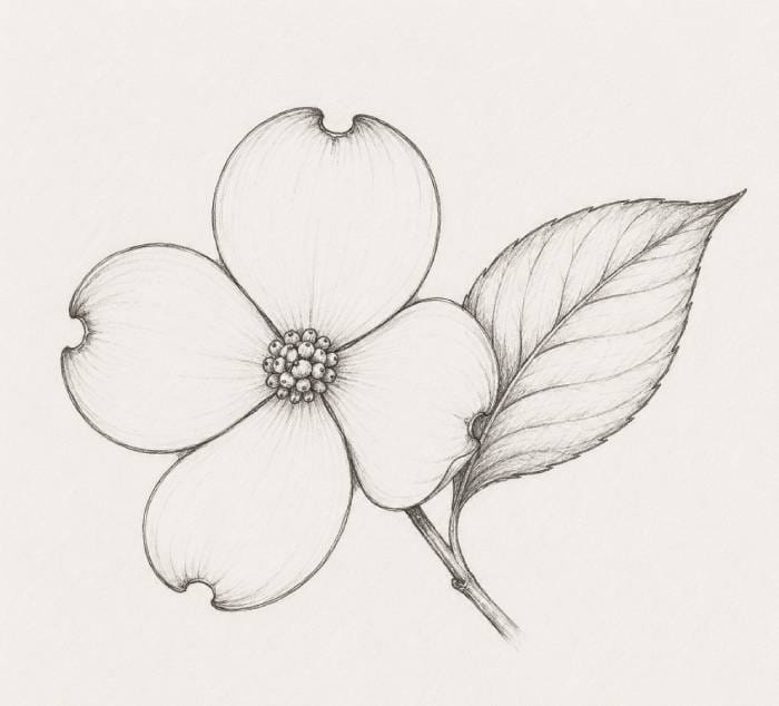 Dogwood flower line drawing with an eagle design element