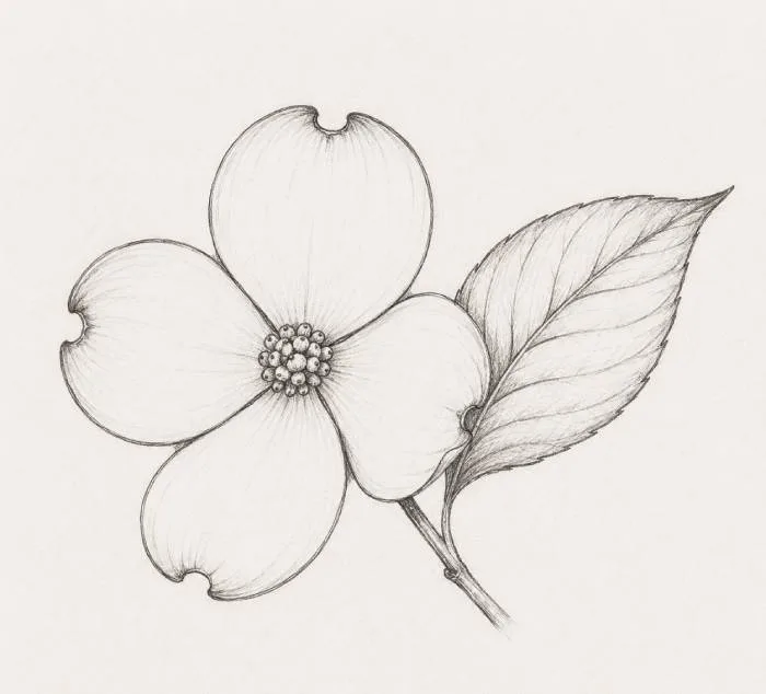 Dogwood flower line drawing with an eagle design element