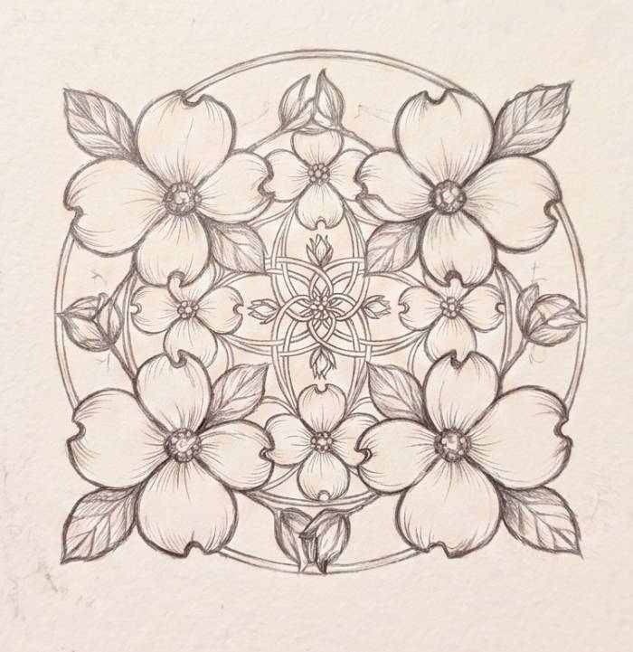 Minimalist dogwood flower mandala design line art illustration