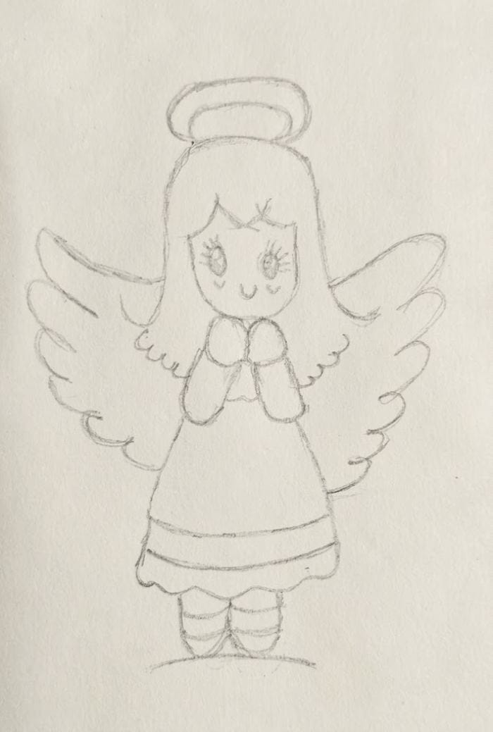 A simple pencil sketch of a cute style angel with wings and a halo, perfect for beginner drawing tutorial