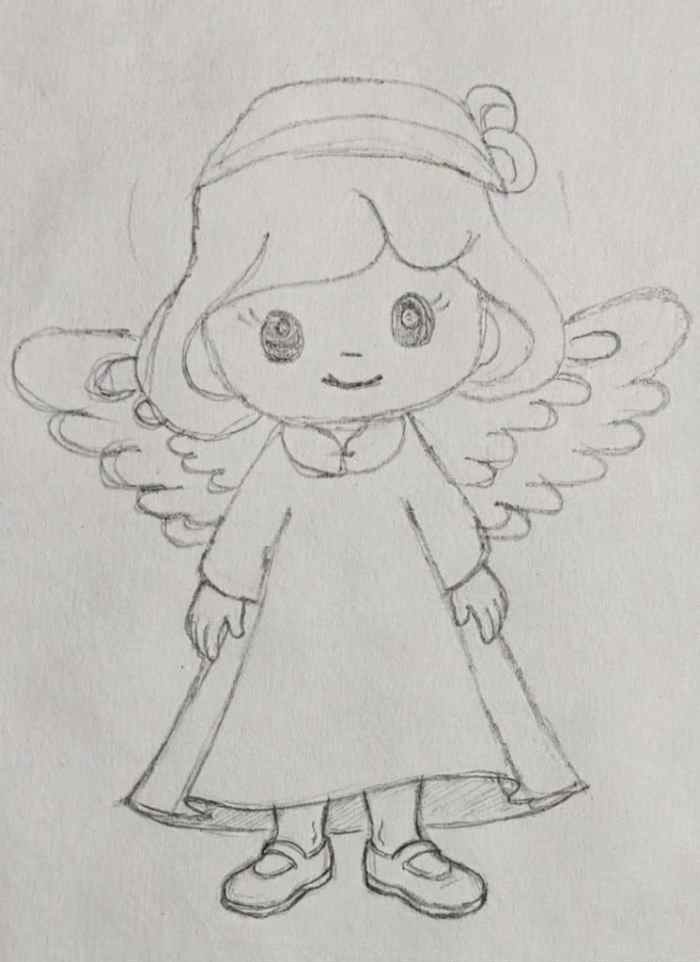 A simple pencil sketch of a cute little baby angel with wings and a headband, illustrating an easy tutorial for beginner